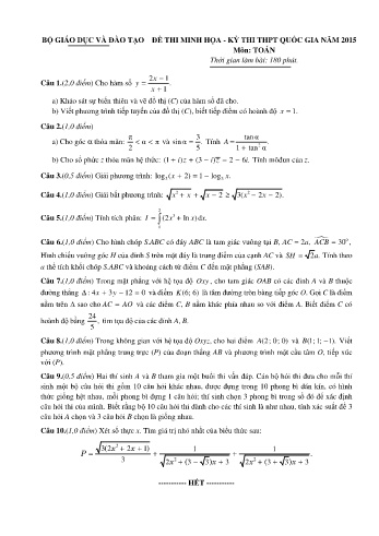 Đề thi minh họa THPT quốc gia năm 2015 môn Toán (Có đáp án)