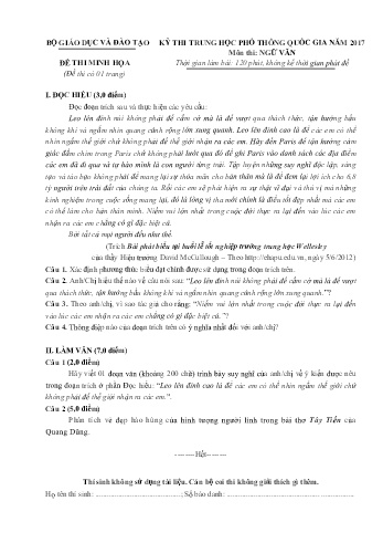 Đề thi minh họa THPT quốc gia năm 2017 môn Ngữ văn