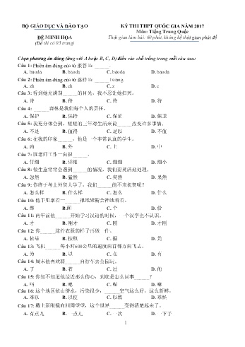 Đề thi minh họa THPT quốc gia năm 2017 môn Tiếng Trung quốc