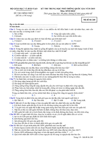 Đề thi THPT quốc gia năm 2015 môn Sinh học - Mã đề 268 (Kèm đáp án)