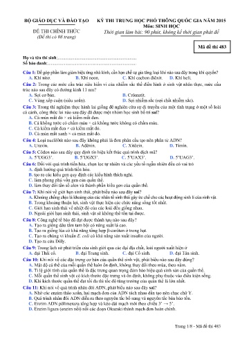 Đề thi THPT quốc gia năm 2015 môn Sinh học - Mã đề 483 (Kèm đáp án)
