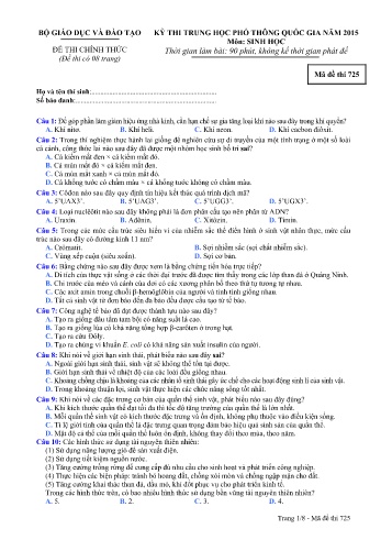 Đề thi THPT quốc gia năm 2015 môn Sinh học - Mã đề 725 (Kèm đáp án)