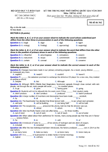 Đề thi THPT quốc gia năm 2015 môn Tiếng Anh - Mã đề 362 (Kèm đáp án)