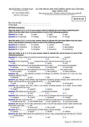 Đề thi THPT quốc gia năm 2015 môn Tiếng Anh - Mã đề 425 (Kèm đáp án)