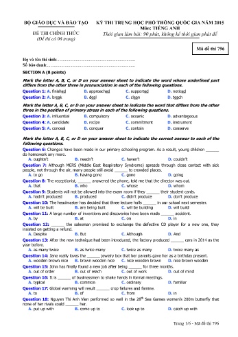 Đề thi THPT quốc gia năm 2015 môn Tiếng Anh - Mã đề 796 (Kèm đáp án)