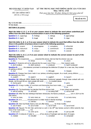 Đề thi THPT quốc gia năm 2015 môn Tiếng Anh - Mã đề 931 (Kèm đáp án)