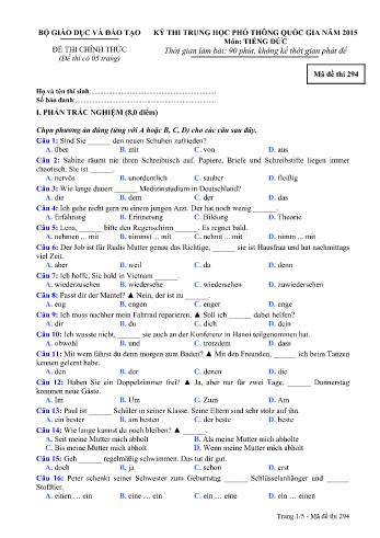 Đề thi THPT quốc gia năm 2015 môn Tiếng Đức - Mã đề 294 (Kèm đáp án)