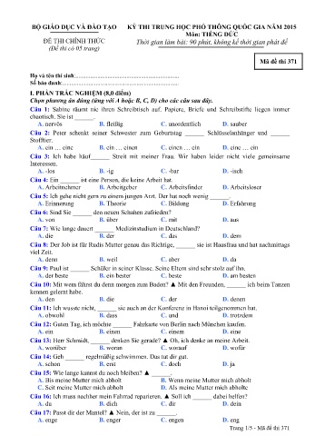 Đề thi THPT quốc gia năm 2015 môn Tiếng Đức - Mã đề 371 (Kèm đáp án)