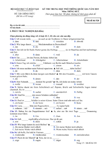 Đề thi THPT quốc gia năm 2015 môn Tiếng Đức - Mã đề 528 (Kèm đáp án)