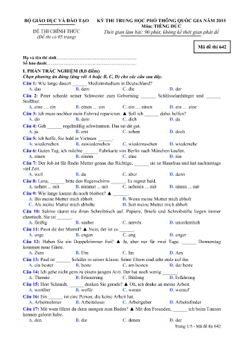 Đề thi THPT quốc gia năm 2015 môn Tiếng Đức - Mã đề 642 (Kèm đáp án)