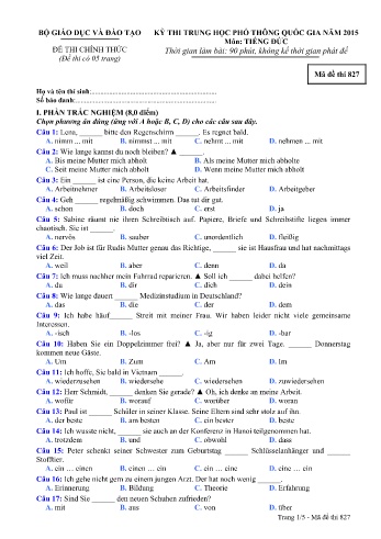 Đề thi THPT quốc gia năm 2015 môn Tiếng Đức - Mã đề 827 (Kèm đáp án)