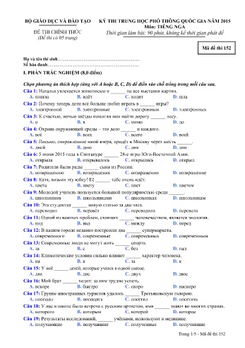 Đề thi THPT quốc gia năm 2015 môn Tiếng Nga - Mã đề 152 (Kèm đáp án)