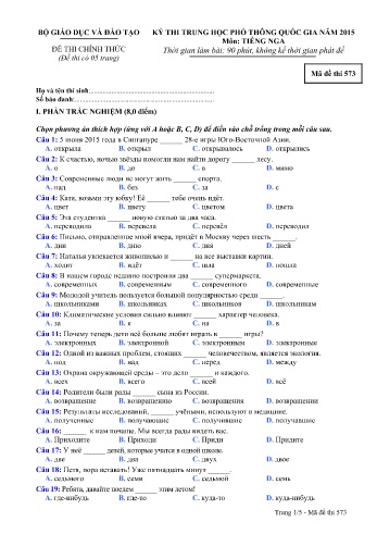 Đề thi THPT quốc gia năm 2015 môn Tiếng Nga - Mã đề 573 (Kèm đáp án)