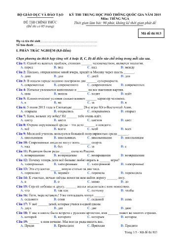Đề thi THPT quốc gia năm 2015 môn Tiếng Nga - Mã đề 813 (Kèm đáp án)