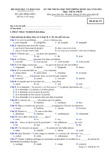 Đề thi THPT quốc gia năm 2015 môn Tiếng Pháp - Mã đề 372 (Kèm đáp án)