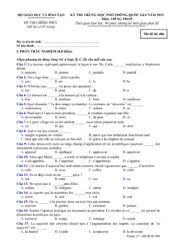 Đề thi THPT quốc gia năm 2015 môn Tiếng Pháp - Mã đề 486 (Kèm đáp án)
