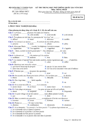 Đề thi THPT quốc gia năm 2015 môn Tiếng Pháp - Mã đề 514 (Kèm đáp án)