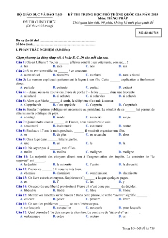 Đề thi THPT quốc gia năm 2015 môn Tiếng Pháp - Mã đề 718 (Kèm đáp án)