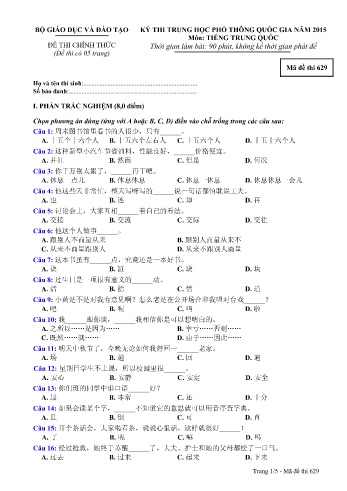 Đề thi THPT quốc gia năm 2015 môn Tiếng Trung quốc - Mã đề 629 (Kèm đáp án)
