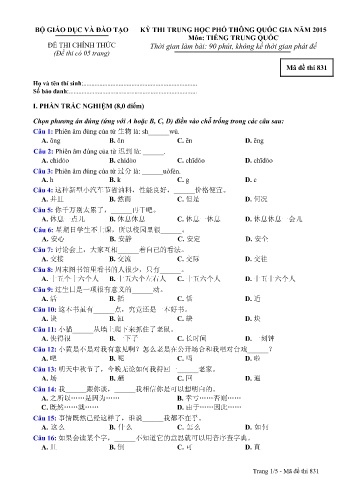 Đề thi THPT quốc gia năm 2015 môn Tiếng Trung quốc - Mã đề 831 (Kèm đáp án)