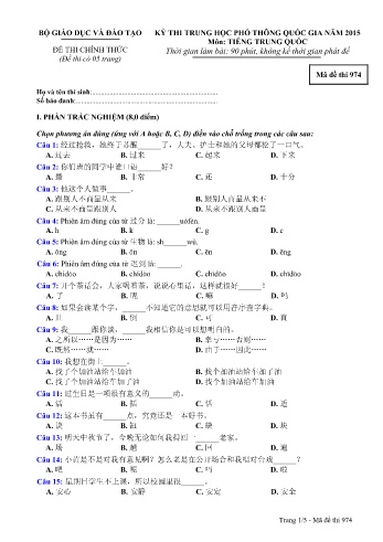 Đề thi THPT quốc gia năm 2015 môn Tiếng Trung quốc - Mã đề 974 (Kèm đáp án)