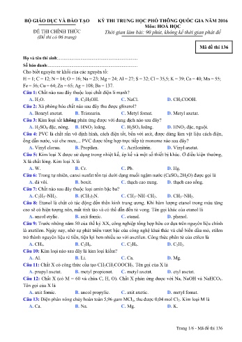Đề thi THPT quốc gia năm 2016 môn Hóa học - Mã đề 136 (Kèm đáp án)