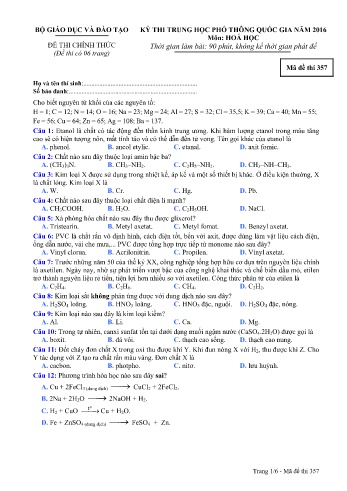 Đề thi THPT quốc gia năm 2016 môn Hóa học - Mã đề 357 (Kèm đáp án)