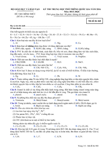 Đề thi THPT quốc gia năm 2016 môn Hóa học - Mã đề 468 (Kèm đáp án)
