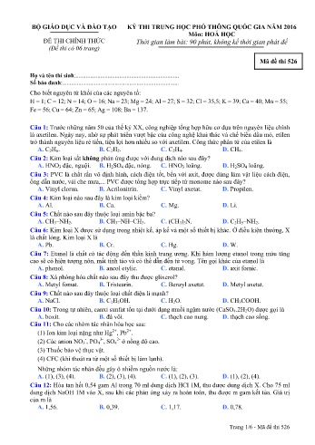 Đề thi THPT quốc gia năm 2016 môn Hóa học - Mã đề 526 (Kèm đáp án)