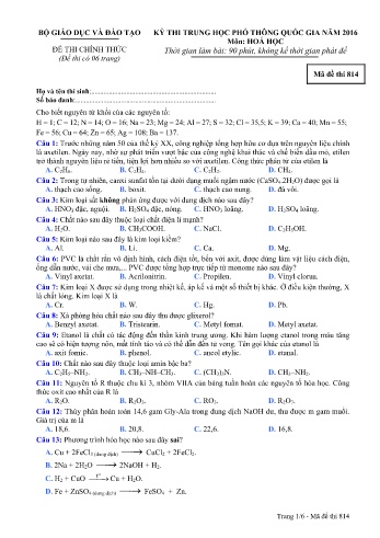 Đề thi THPT quốc gia năm 2016 môn Hóa học - Mã đề 814 (Kèm đáp án)