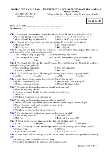 Đề thi THPT quốc gia năm 2016 môn Sinh học - Mã đề 147 (Kèm đáp án)