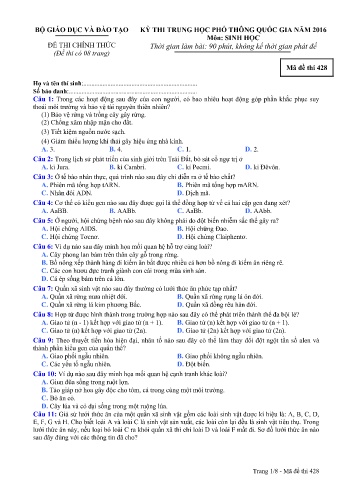 Đề thi THPT quốc gia năm 2016 môn Sinh học - Mã đề 428 (Kèm đáp án)