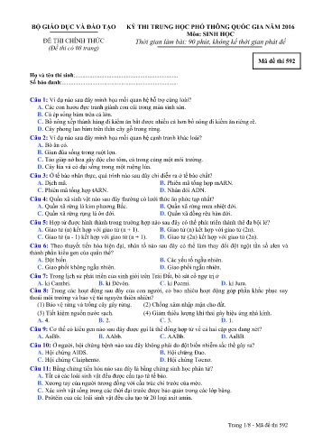 Đề thi THPT quốc gia năm 2016 môn Sinh học - Mã đề 592 (Kèm đáp án)
