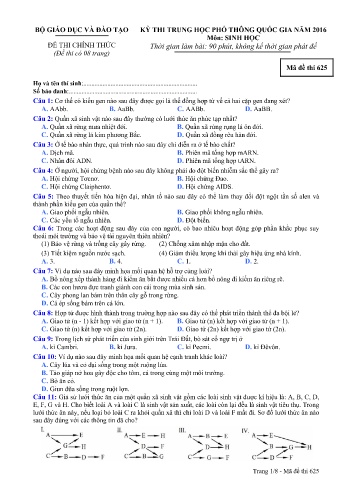 Đề thi THPT quốc gia năm 2016 môn Sinh học - Mã đề 625 (Kèm đáp án)