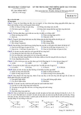 Đề thi THPT quốc gia năm 2016 môn Sinh học - Mã đề 713 (Kèm đáp án)