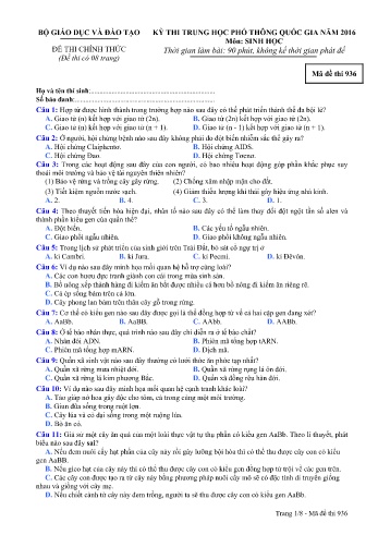 Đề thi THPT quốc gia năm 2016 môn Sinh học - Mã đề 936 (Kèm đáp án)