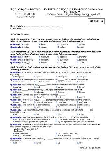 Đề thi THPT quốc gia năm 2016 môn Tiếng Anh - Mã đề 168 (Kèm đáp án)