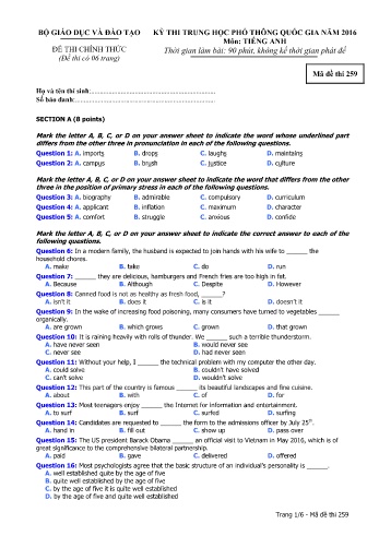 Đề thi THPT quốc gia năm 2016 môn Tiếng Anh - Mã đề 259 (Kèm đáp án)