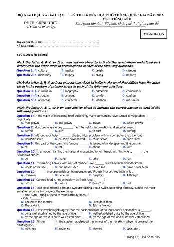 Đề thi THPT quốc gia năm 2016 môn Tiếng Anh - Mã đề 415 (Kèm đáp án)