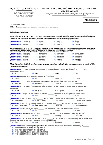 Đề thi THPT quốc gia năm 2016 môn Tiếng Anh - Mã đề 642 (Kèm đáp án)