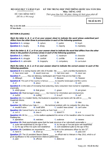 Đề thi THPT quốc gia năm 2016 môn Tiếng Anh - Mã đề 852 (Kèm đáp án)