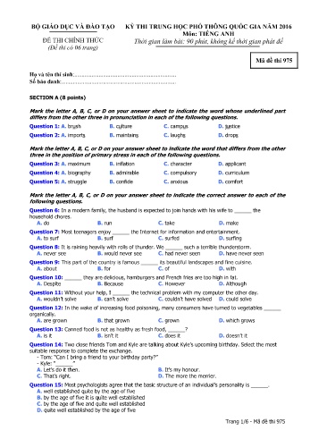 Đề thi THPT quốc gia năm 2016 môn Tiếng Anh - Mã đề 975 (Kèm đáp án)