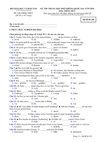 Đề thi THPT quốc gia năm 2016 môn Tiếng Đức - Mã đề 285 (Kèm đáp án)