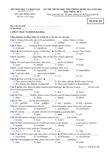Đề thi THPT quốc gia năm 2016 môn Tiếng Đức - Mã đề 384 (Kèm đáp án)