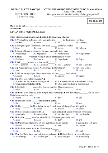 Đề thi THPT quốc gia năm 2016 môn Tiếng Đức - Mã đề 475 (Kèm đáp án)