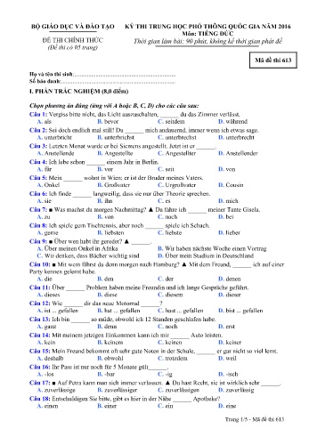 Đề thi THPT quốc gia năm 2016 môn Tiếng Đức - Mã đề 613 (Kèm đáp án)