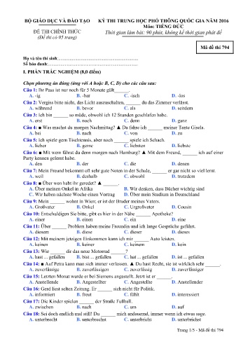 Đề thi THPT quốc gia năm 2016 môn Tiếng Đức - Mã đề 794 (Kèm đáp án)