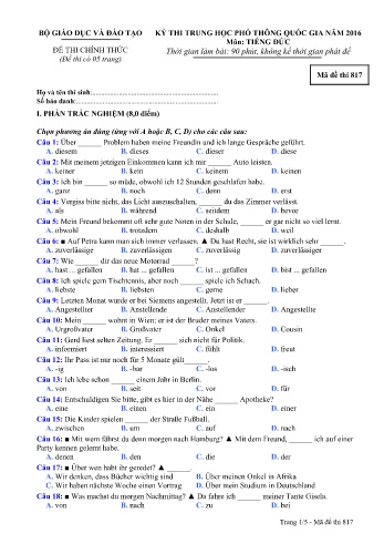 Đề thi THPT quốc gia năm 2016 môn Tiếng Đức - Mã đề 817 (Kèm đáp án)