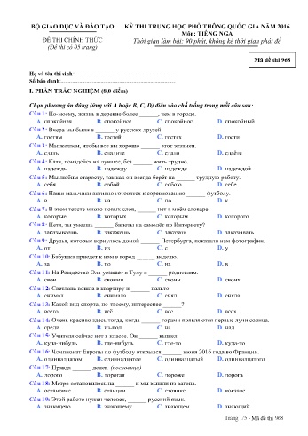 Đề thi THPT quốc gia năm 2016 môn Tiếng Nga - Mã đề 968 (Kèm đáp án)