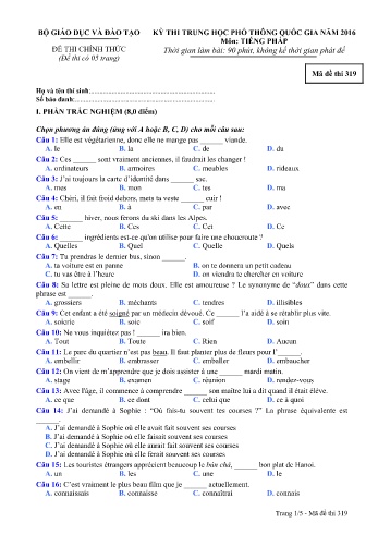 Đề thi THPT quốc gia năm 2016 môn Tiếng Pháp - Mã đề 319 (Kèm đáp án)